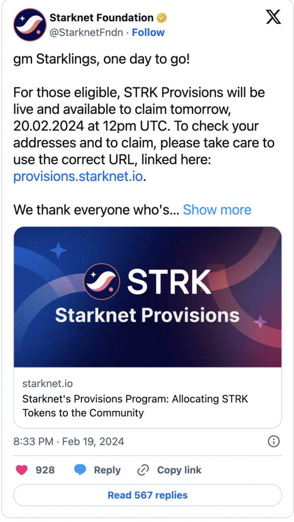 Starknet's tweet about STRK Provisions